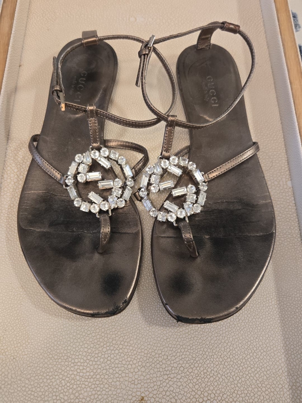 Gucci Metallic Bronze Crystal-Embellished Toe Ring Sandals